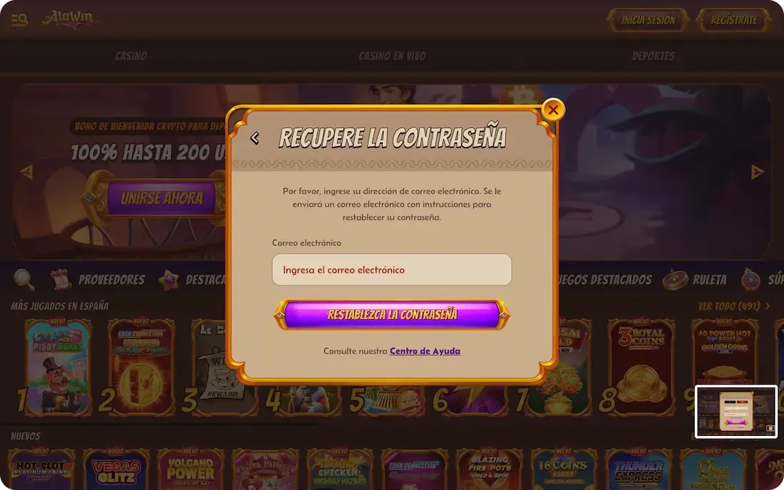 contraseña olvidada del casino alawin