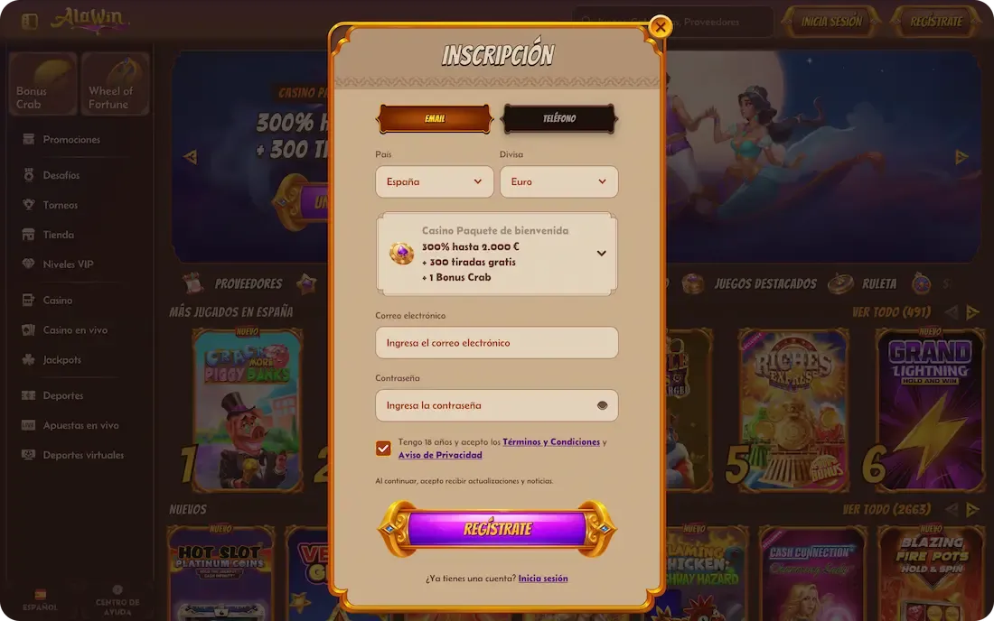 registro en el casino alawin